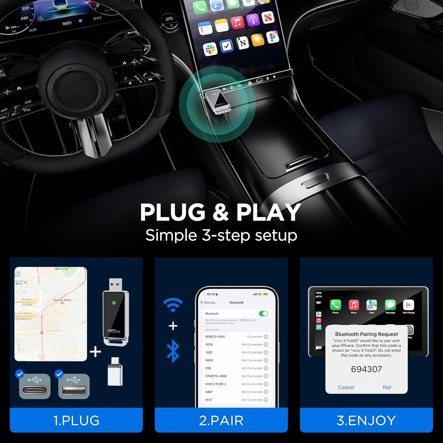 Wireless Carplay Adapter 2024 Upgrade, Plug and Play, No Latency, Converts Factory Wired to Wireless, Compatible with Iphone 6+ and 2015+ Cars, Bluetooth 2.4Ghz and Wi-Fi 2.4+5.8Ghz