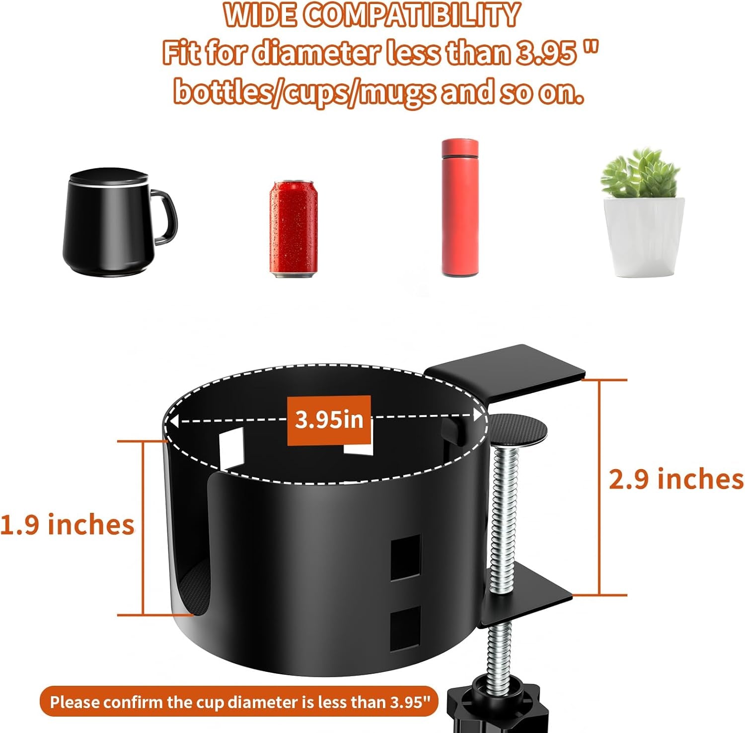 Upgraded Large Desk Cup Holder Clamp,  Anti-Spill Table Cup Holder, Metal Office & PC Gaming Desk Accessories, Compatible with Universal Cup, Bottles, Pencil Holder (Black)