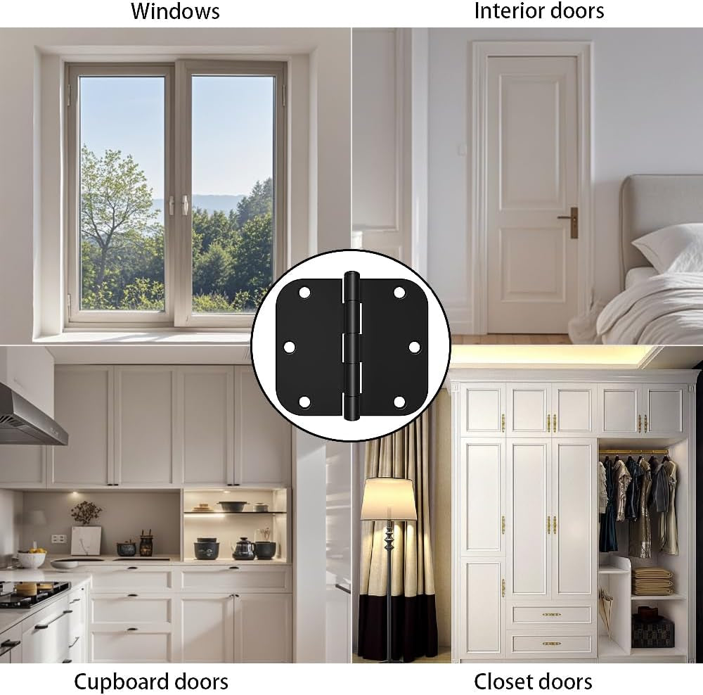 6Pcs Matte Black Door Hinges 3.5 X 3.5 Inch,Interior 3 1/2 Inch Door Hinges,5/8" Radius Corners Flat Iron Hinge,Hardware Controls(Black)