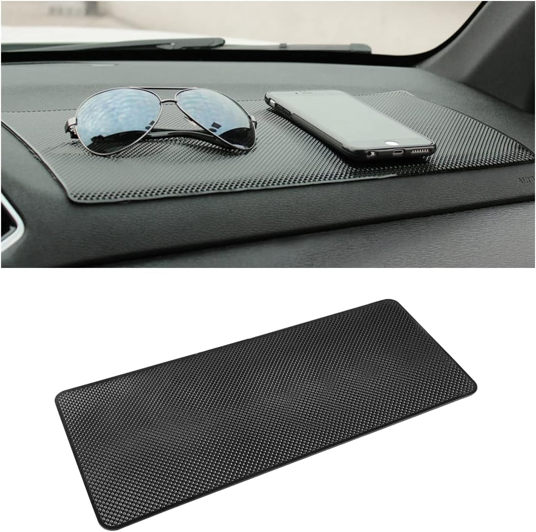 Car Dashboard Anti-Slip Sticky Pad, 15.7"X 7.8" Non-Slip Heat Resistant Rubber Mat, Auto Accessories for Home Office, Strong Adhesive anti Slide Pad for Phones, Sunglasses, Keys (Black/Grid)