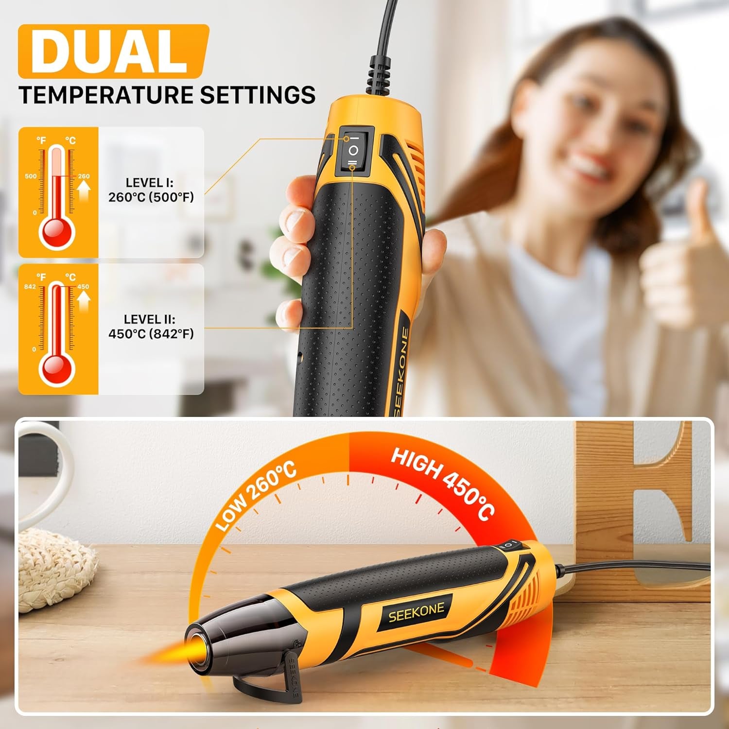 Mini Heat Gun, 350W 2-Temp Settings 500℉ & 842℉（260℃& 450℃） Fast Heat Hot Air Gun Tool with Reflector Nozzle and 4.9Ft Long Cable Overload Protection for Crafting, Vinyl Wrap and Shrink Tubing