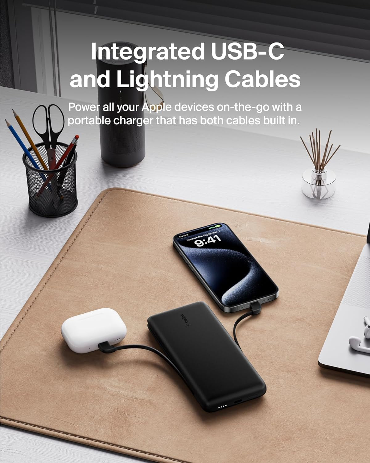 Portable Charger, Power Bank 10,000Mah, 23W W/Integrated Lightning Cable & USB-C Cable - Iphone Charger Battery Pack for Apple Iphone 16, 15, 14, Galaxy S25, Pixel 9, Travel Essentials - Black