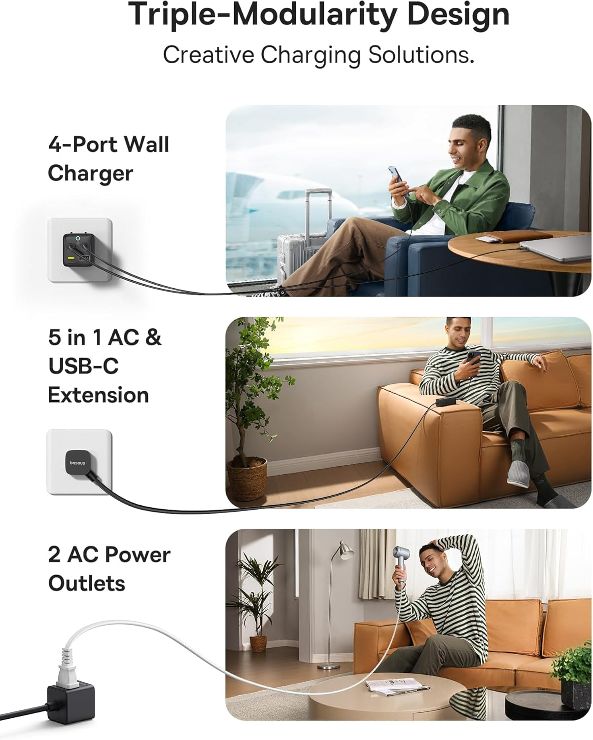 Charging Station 67W, 5 in 1 Detachable Travel Power Strip USB C Fast Charger, 5Ft Flat Extension Cord with 2 AC Outlets, Portable Charger for Macbook Pro, Iphone, Cruise Travel Essentials