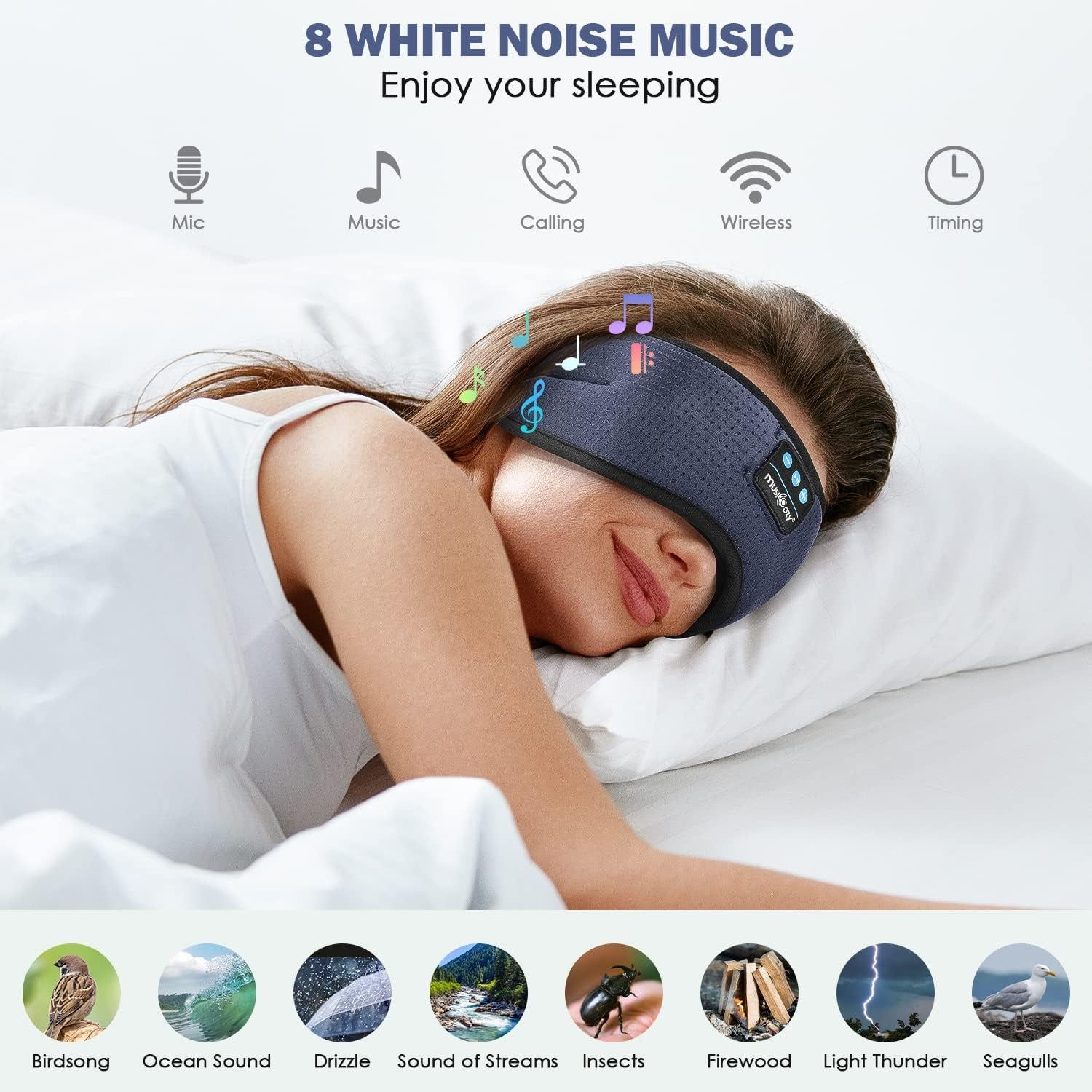 White Noise Bluetooth Sleep Mask with 8 Soothing Sounds & 3D Wireless Sleep Headphones, Bluetooth Sleeping Headphones for Yoga Travel Office Relaxation Tech Gadgets Gifts, Light Gray