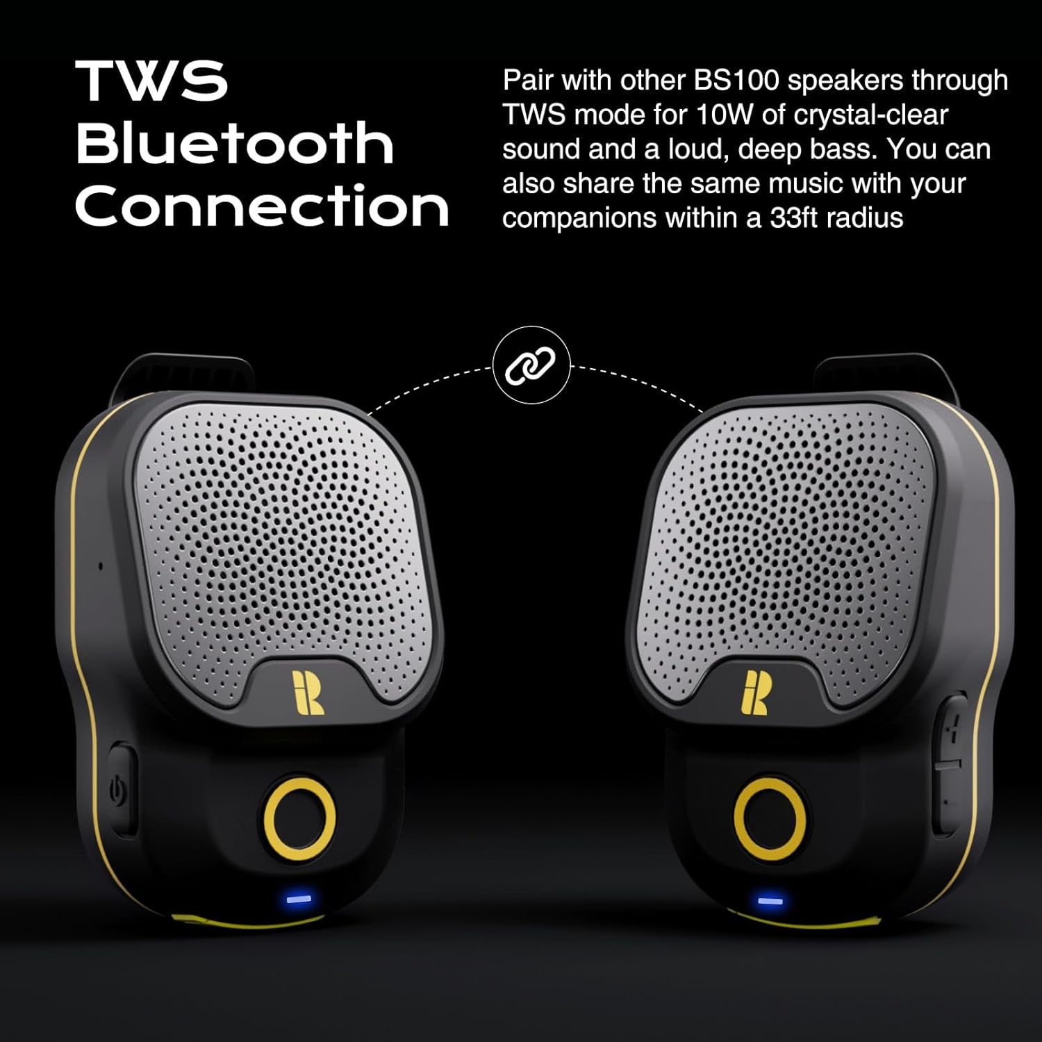 Wearable Bluetooth V5.3 Speaker, 30H Working Time Clip-On Wireless Jobsite Water-Resistant Portable Speaker, Built-In ENC Mic for Hands-Free Music/Calls, IPX7 Waterproof, TWS Portable Speaker