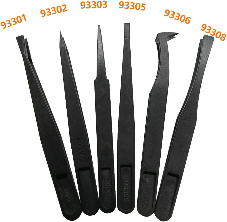Precision Plastic Tweezers Kit - Plastic anti Static Tweezers Set Pickup Craft Electronics DIY Repair Tool - Black - 6Pcs
