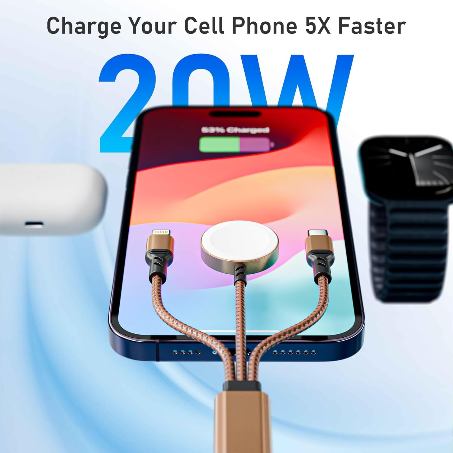 Multi 3 in 2 Charging Cable for Apple Watch Charger, Travel for Iphone Charger USB C Lightning Fast Charging Cable Compatible with Iwatch Ultra/Se/9/8/7/6/5/4/3/2/1 & Iphone 15/14/13/12/11/Galaxy S23