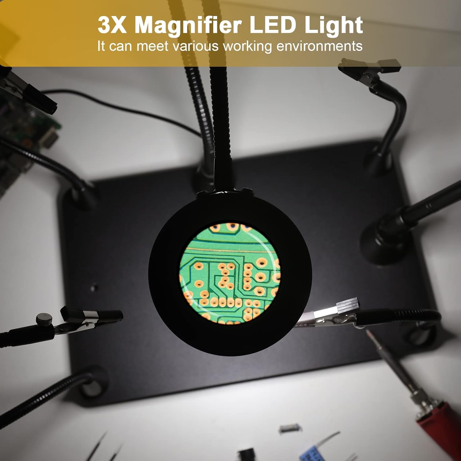 Helping Hands Soldering Circuit Board Holder Magnetic Third Hand Tools with 3X LED Magnifying Lamp, 360 Hot Air Gun Holder, Flexible Metal Arms Heavy Duty Base Electronic Repair Tool Magic Hand
