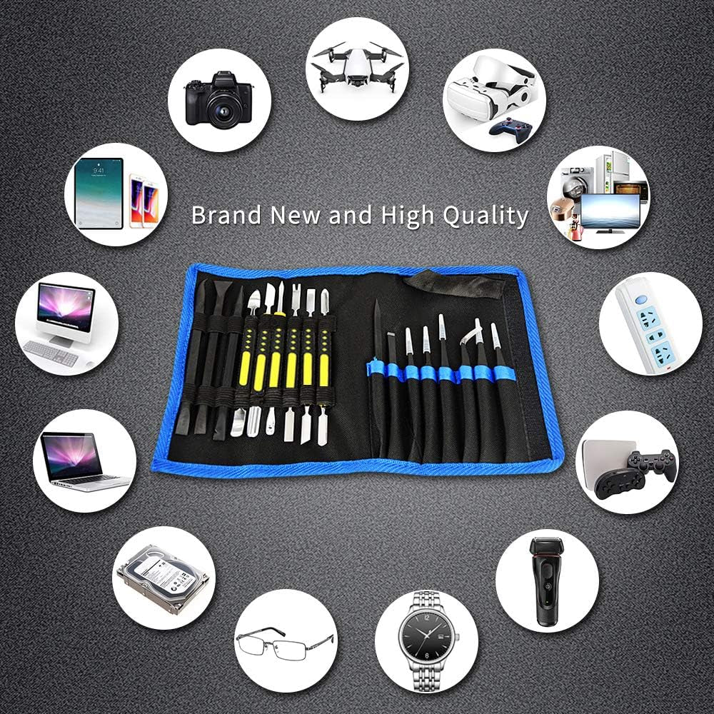 17 in 1 Electronics Repair Tools Opening Pry Tool Kit with Dual Ends Metal Spudgers, Black Tweezers Set Replacement for Ipad Tablets Laptop Electronics Device Mobile Phone