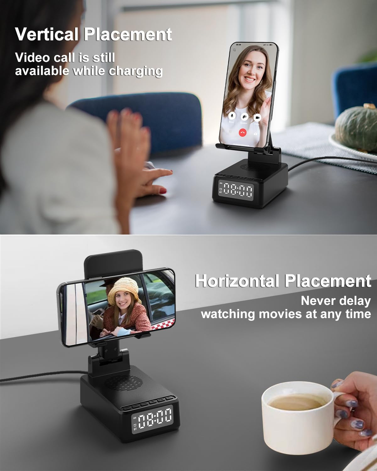 Gifts for Men Cell Phone Stand with Wireless Bluetooth Speaker and Wireless Charger, Phone Charger Stand with Digital Alarm Clock for Iphone, Birthday Gifts for Men,Boyfriend,Dad,Women,Christmas