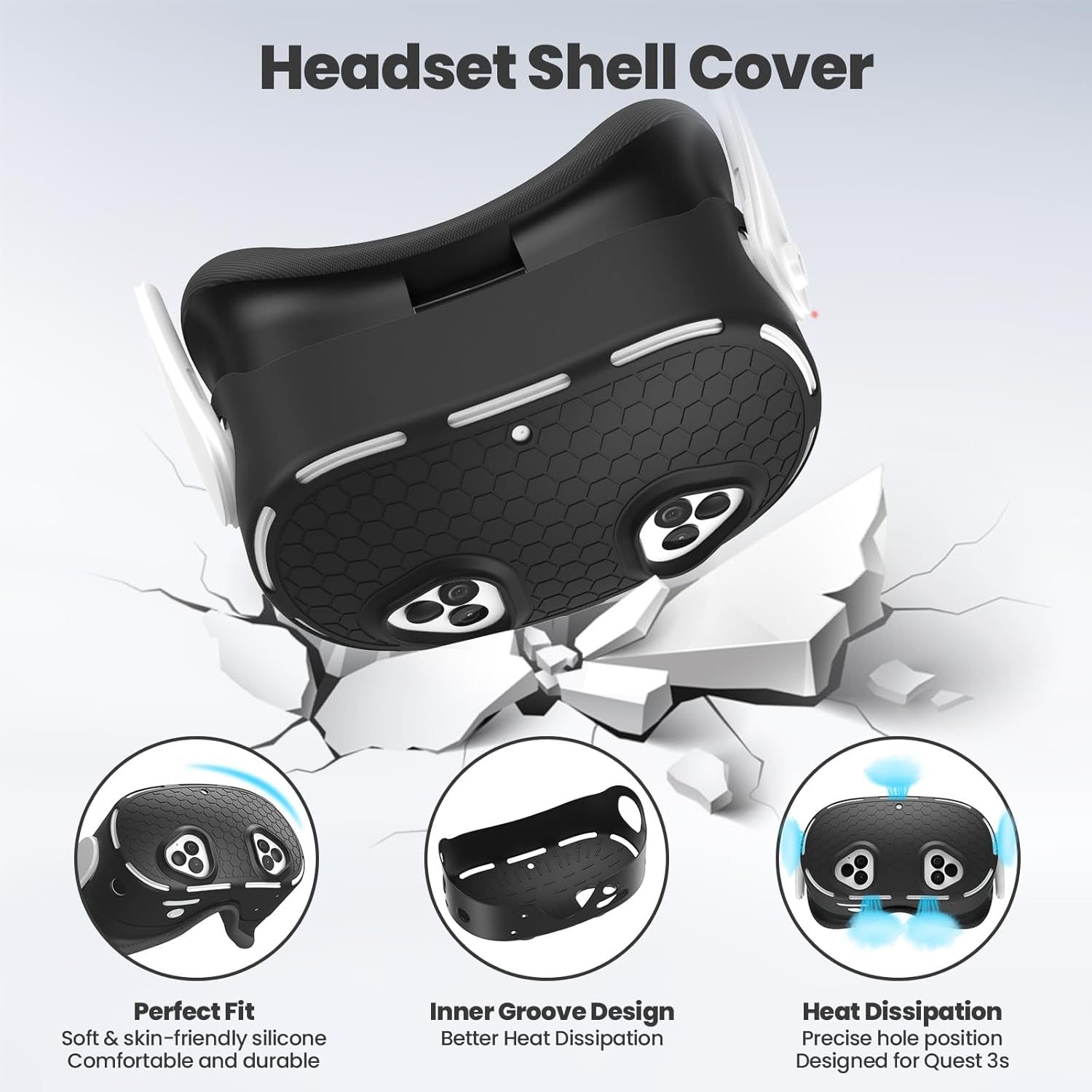 Silicone Protective Cover Set for Meta Quest 3S Accessories, VR Shell Cover, VR Silicone Face Cover, Touch Controller Grip Case, Lens Protector Set (Black)