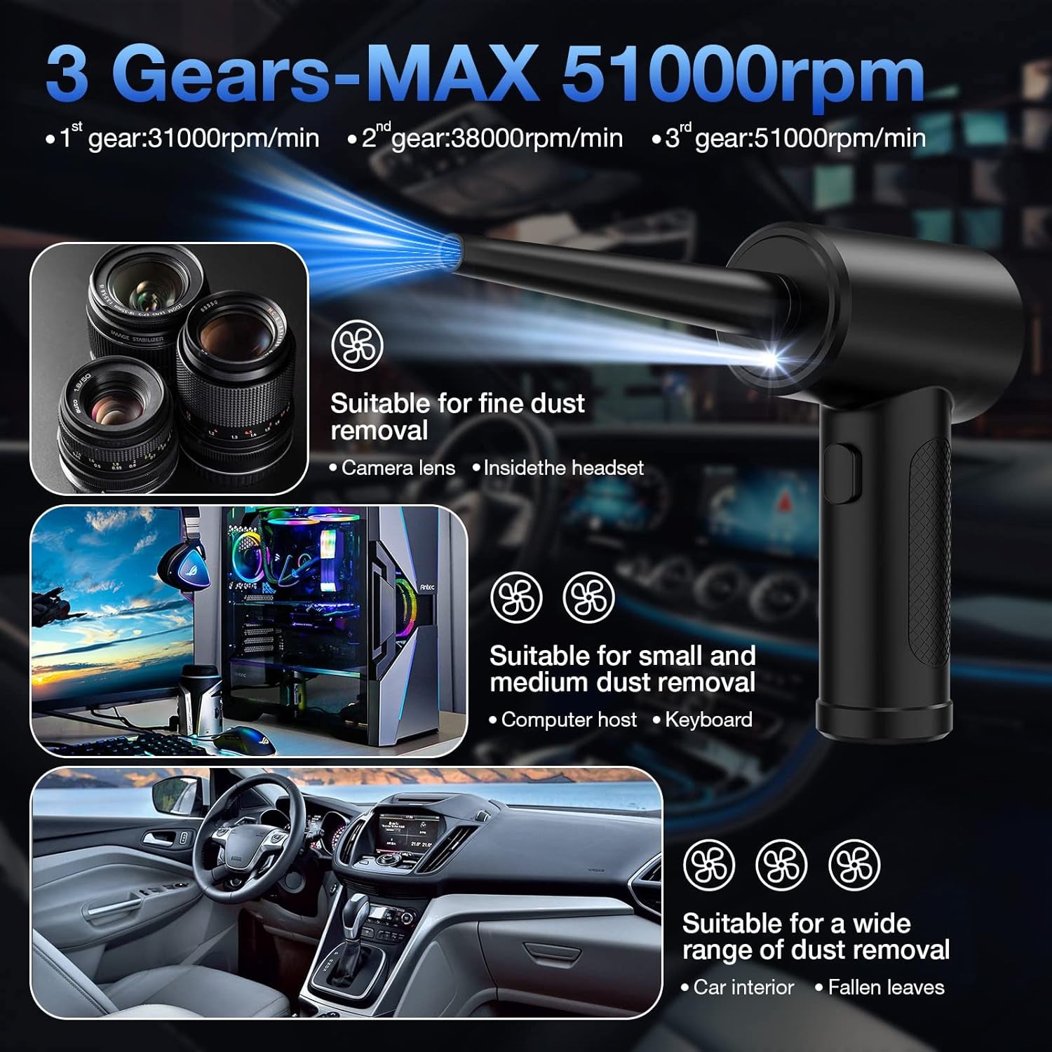 Compressed Air Duster, 3 Gear to 51000RPM Cordless Electric Air Duster, 6000Mah Rechargeable Air Blower with LED Light for Laptop Computer Keyboard Cleaning Pet Hair Crumb Replaces Compressed Air Can