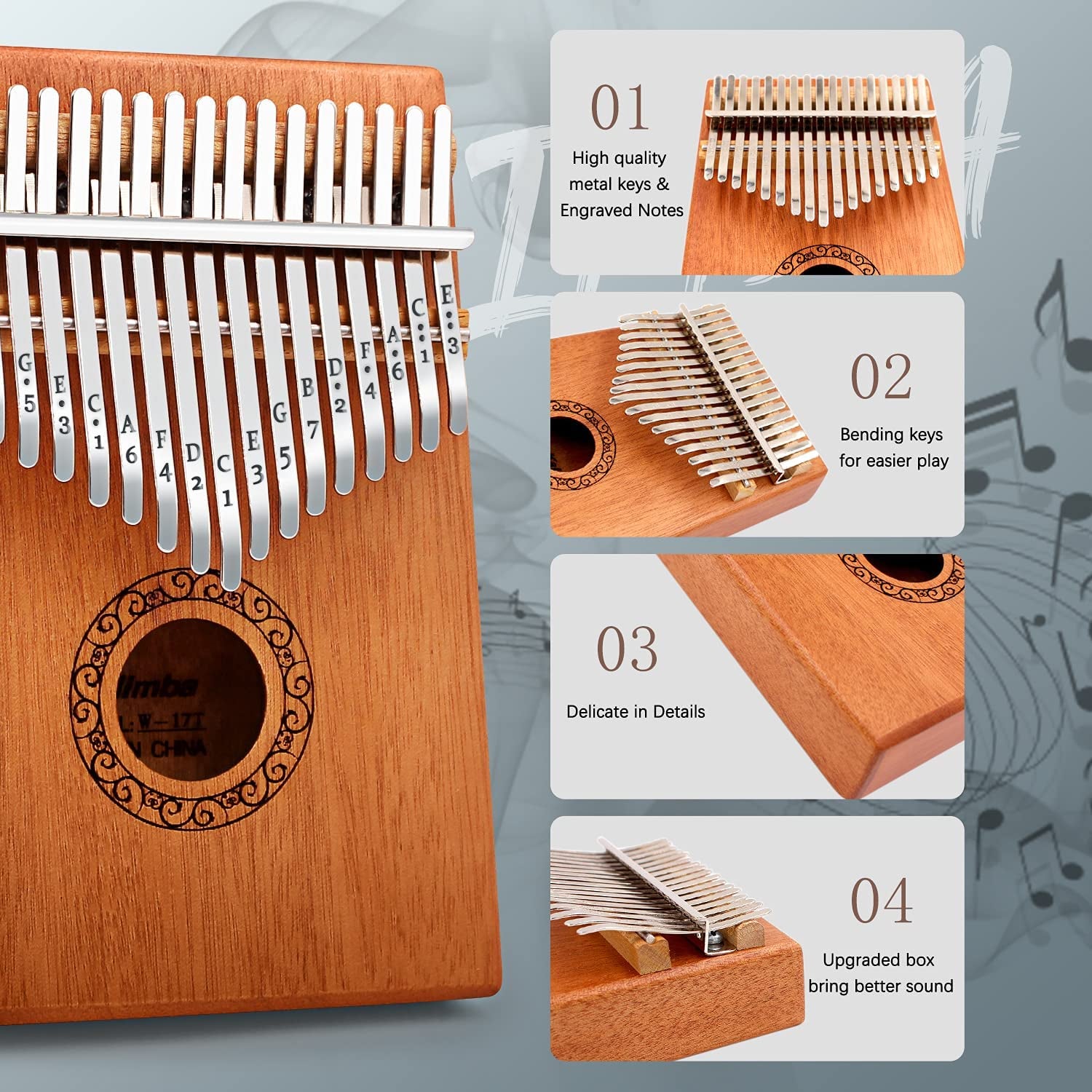 Kalimba Thumb Piano, Portable 17 Keys Mbira Finger Piano with Tune Hammer and Study Instruction,Musical Instruments Birthday Gift for Kid Adult Beginners Professional(Brown)