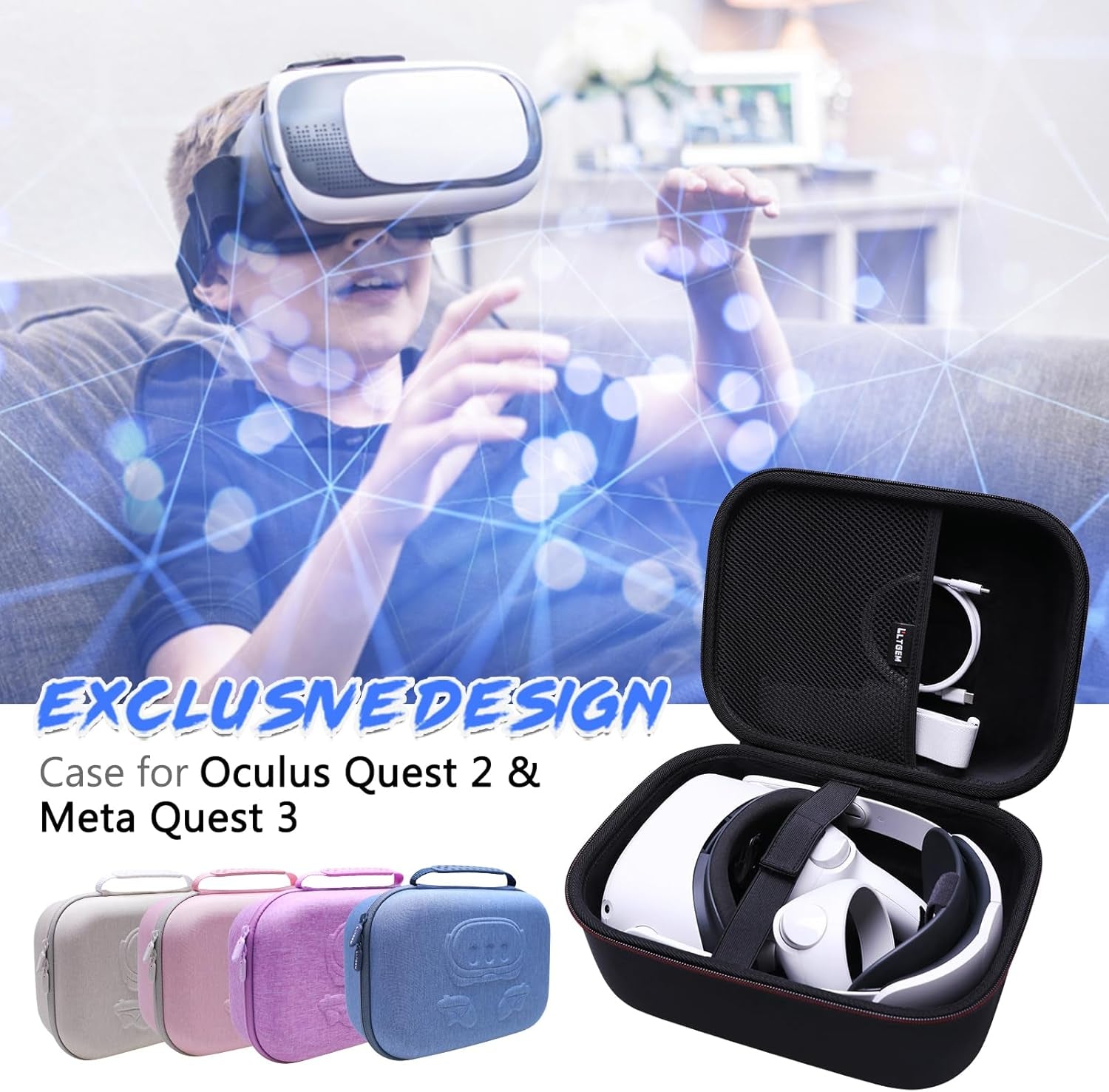 LTGEM VR Case Compatible with Oculus Meta Quest 3S / Quest 3 / Quest 2 Official Original/Elite Strap Version VR Headset and Touch Controller Accessories, Suitable for Travel and Home Storage(Black)