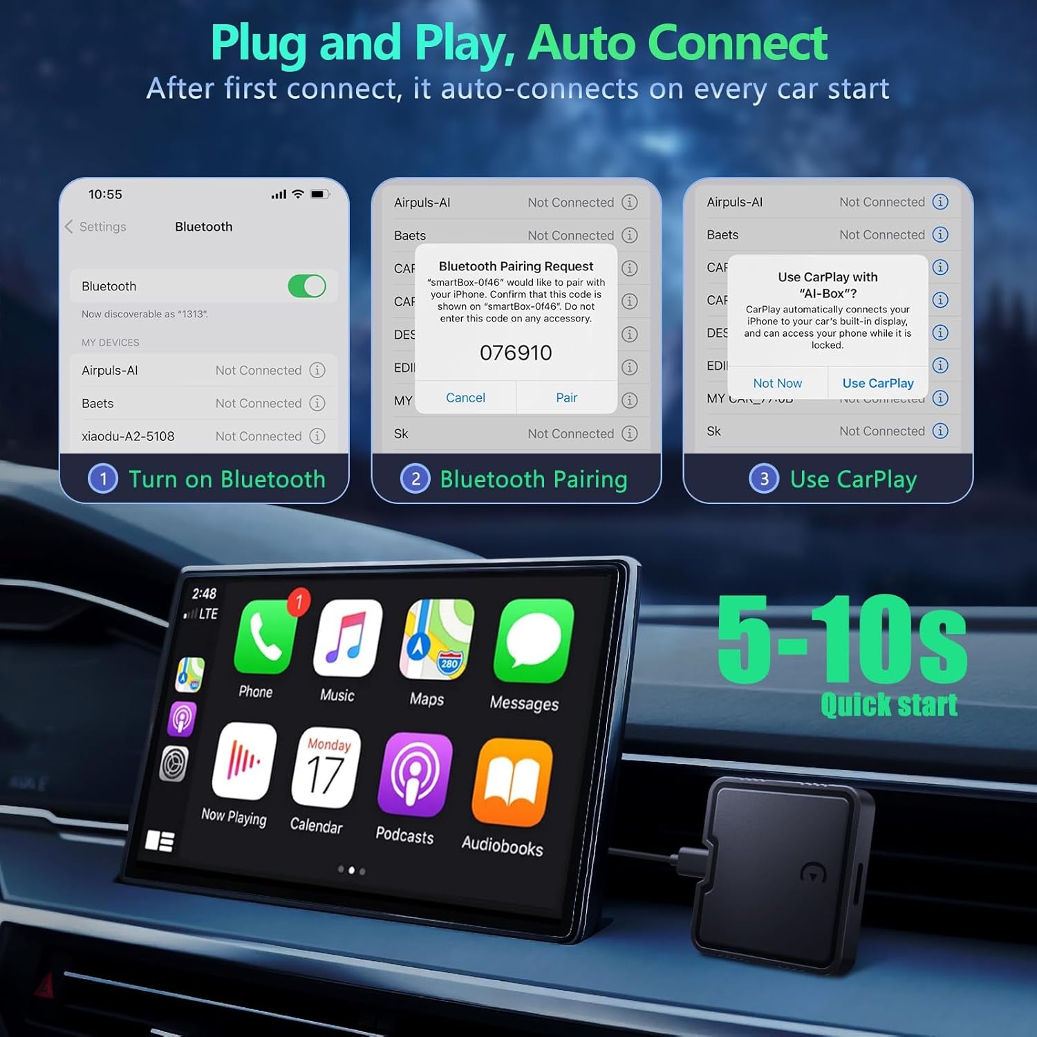 Wireless Carplay Adapter, Car Play Adapter Supports Netflix, Youtube, TF Card Plug & Play, Android Auto Wireless Adapter Carplay Dongle Fits for Factory Wired Carplay Cars from 2015 & Ios10+