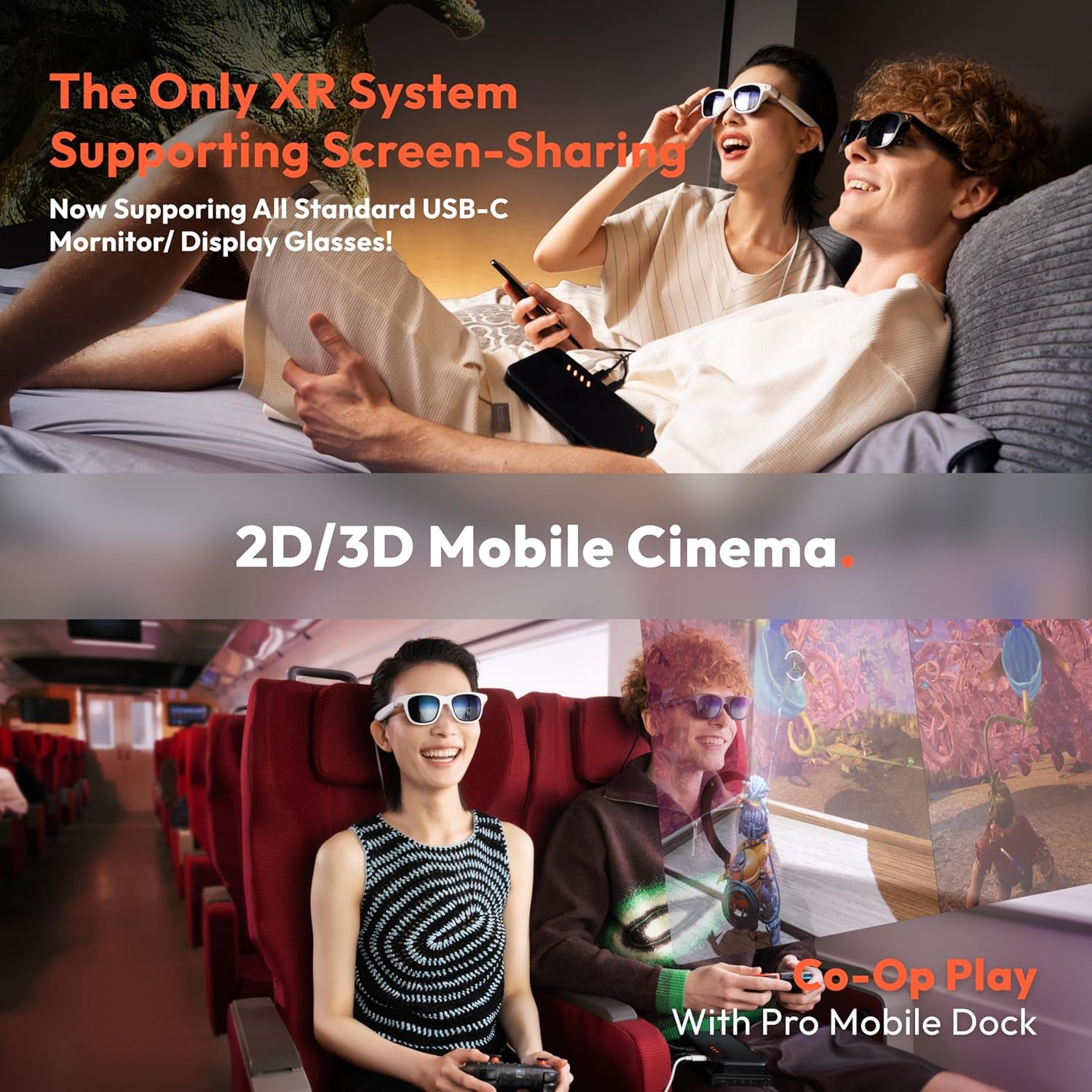 Pro XR/AR Glasses — 135" 120Hz 1000Nits Ultraclarity Display, Harman Audio, Myopia Adjustments, Electrochromic Film, Video Display Glasses for Iphone 16/15/Android/Mac/Pc/Steam Deck/Consoles