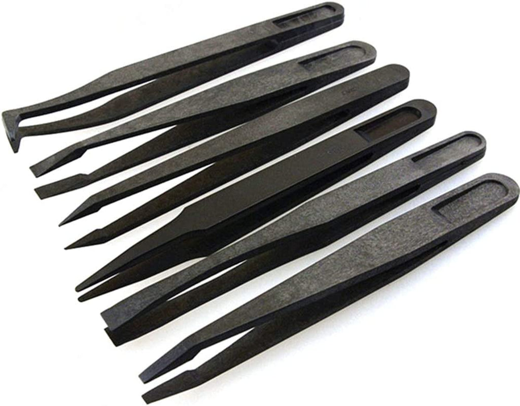 Precision Plastic Tweezers Kit - Plastic anti Static Tweezers Set Pickup Craft Electronics DIY Repair Tool - Black - 6Pcs