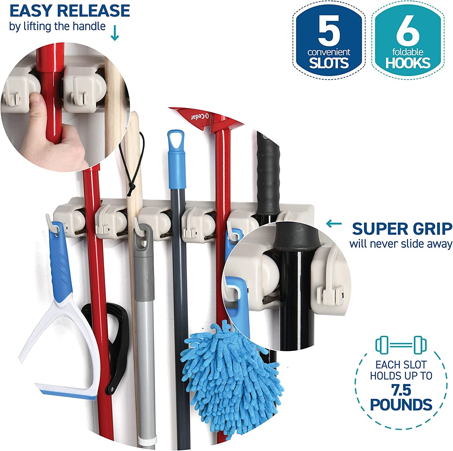 Mop and Broom Holder Wall Mount Garden Tool Storage Tool Rack Storage & Organization for the Home Plastic Hanger for Closet Garage Organizer (5-Position)