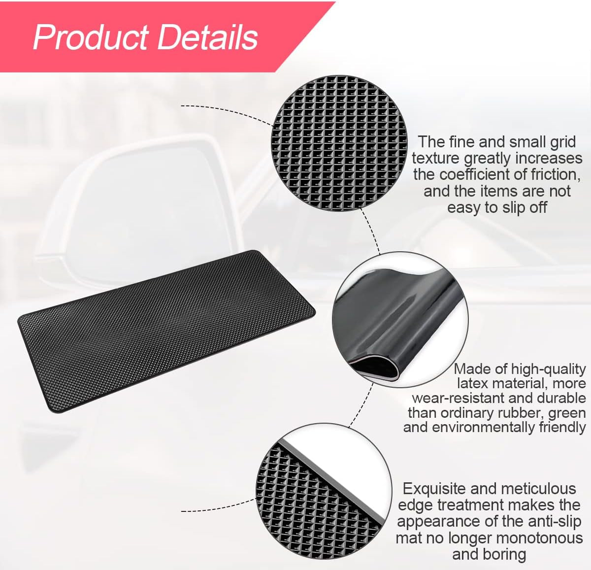 Car Dashboard Anti-Slip Sticky Pad, 15.7"X 7.8" Non-Slip Heat Resistant Rubber Mat, Auto Accessories for Home Office, Strong Adhesive anti Slide Pad for Phones, Sunglasses, Keys (Black/Grid)