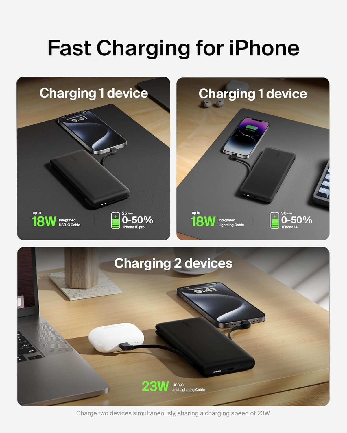 Portable Charger, Power Bank 10,000Mah, 23W W/Integrated Lightning Cable & USB-C Cable - Iphone Charger Battery Pack for Apple Iphone 16, 15, 14, Galaxy S25, Pixel 9, Travel Essentials - Black