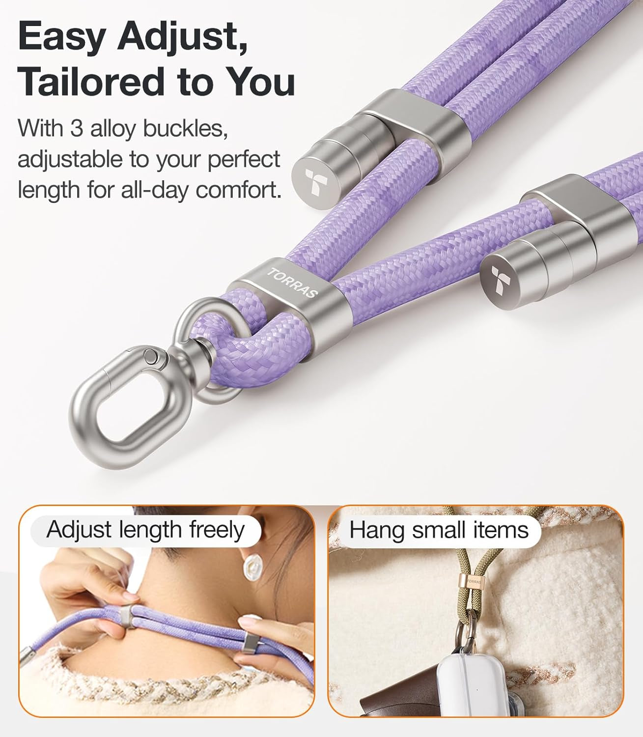 Phone Lanyard Crossbody with 2 Phone Tabs, Adjustable anti Theft Phone Strap for All Phones, Premium Metal Buckles, Skin-Friendly, Universal Cell Phone Neck Lanyard for Women and Men, Purple