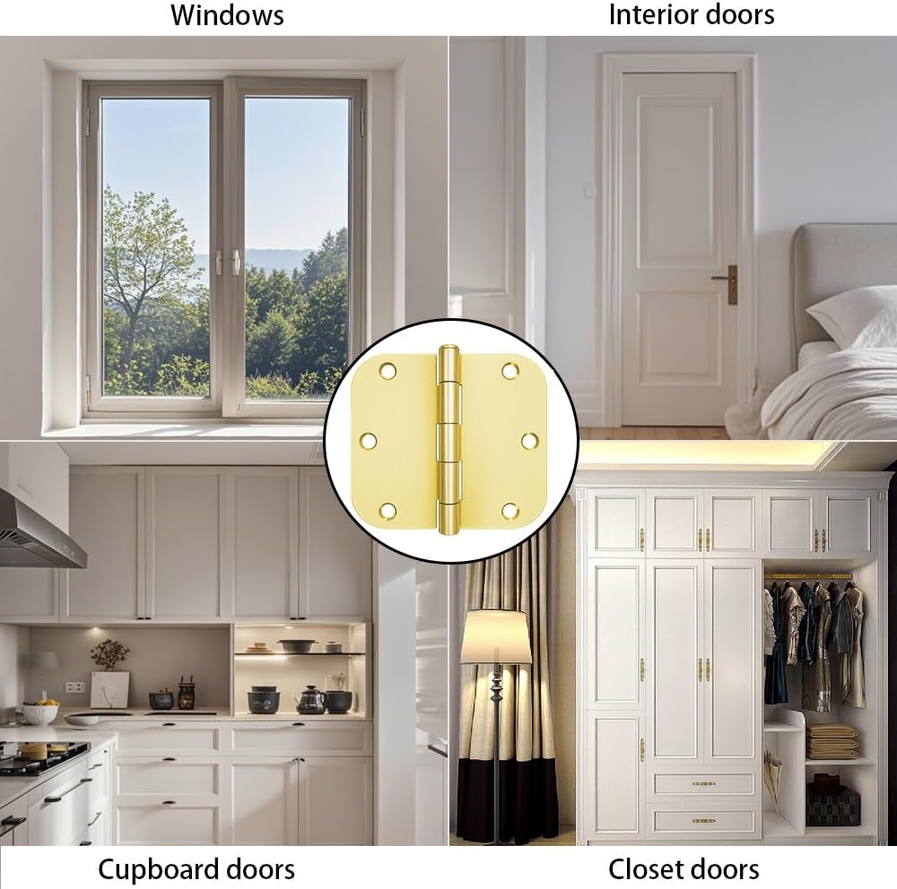 6Pcs Matte Black Door Hinges 3.5 X 3.5 Inch,Interior 3 1/2 Inch Door Hinges,5/8" Radius Corners Flat Iron Hinge,Hardware Controls(Gold)
