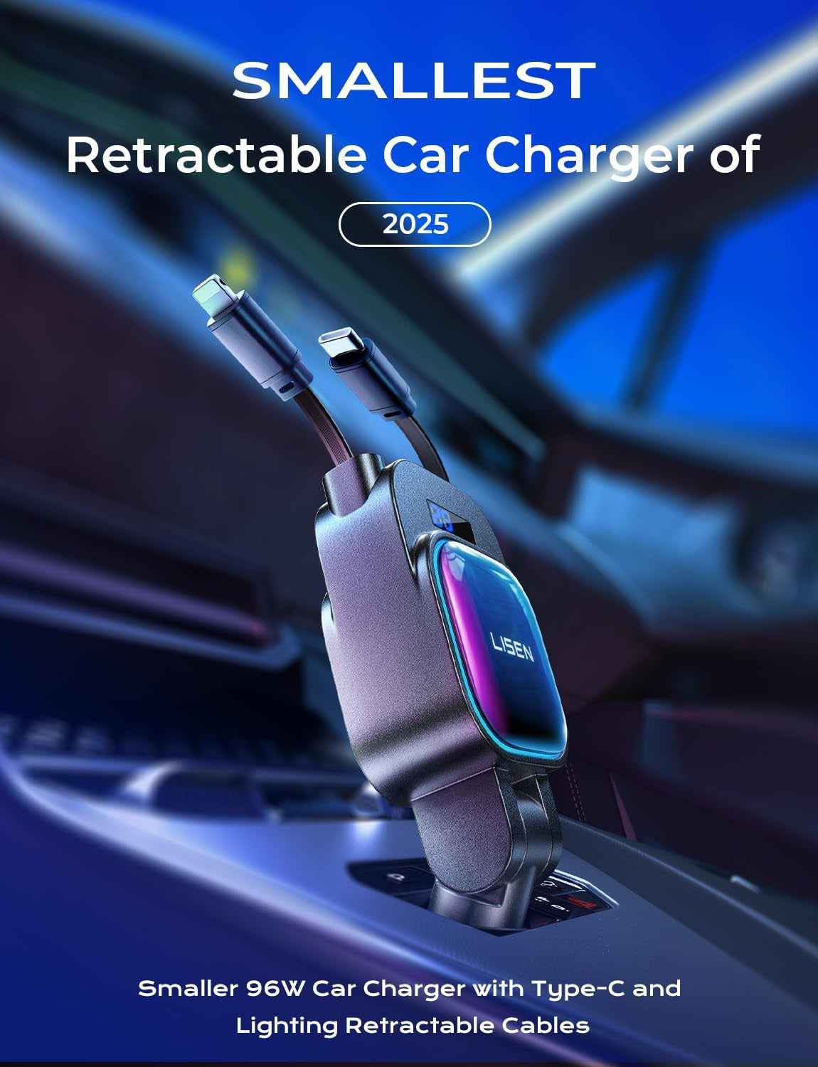 Retractable Car Charger 4 in 1, 96W USB C Car Adapter [2025 Updated] for Iphone 16 Car Charger Fast Charging, Valentines Gifts for Women Men, Car Accessories USBC Car Charger for Iphone 16 15 14