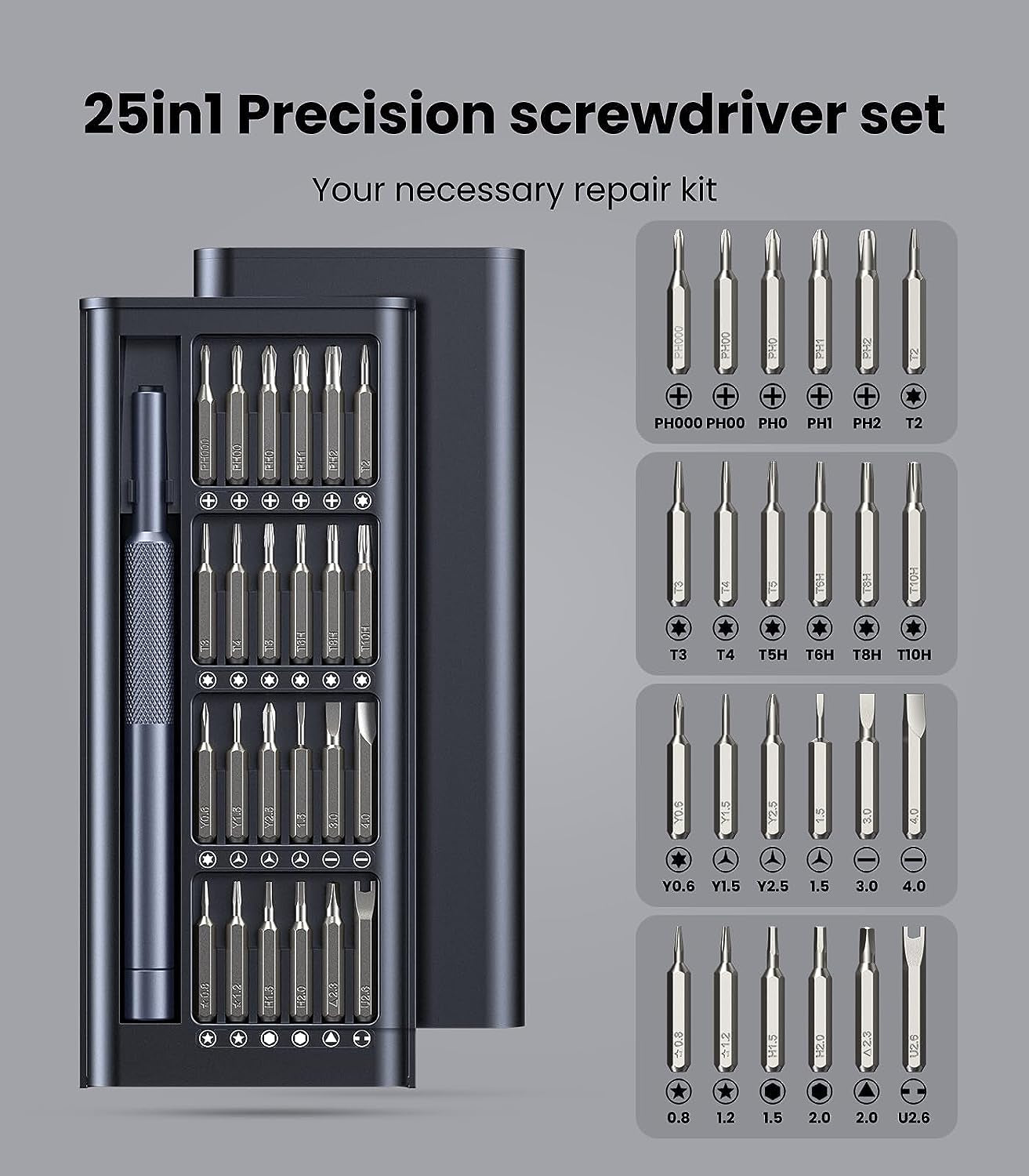 25-In-1 Small Precision Screwdriver Set, Professional Magnetic Mini Repair Tool Kit for Phone, Computer, Watch, Laptop, Macbook, Ring Doorbell, Eyeglass, Electronic, [Bearing Steel] Screw Driver