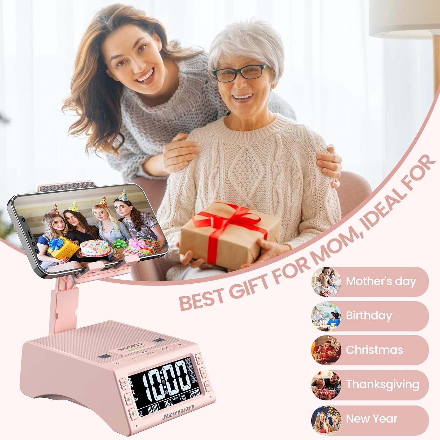 Gifts for Men Women,Cell Phone Stand with Wireless Bluetooth Speaker,Adjustable Cool Tech Kitchen Gadgets,Unique Birthday Gift Idea for Him, Husband, Boyfriend（Pink）