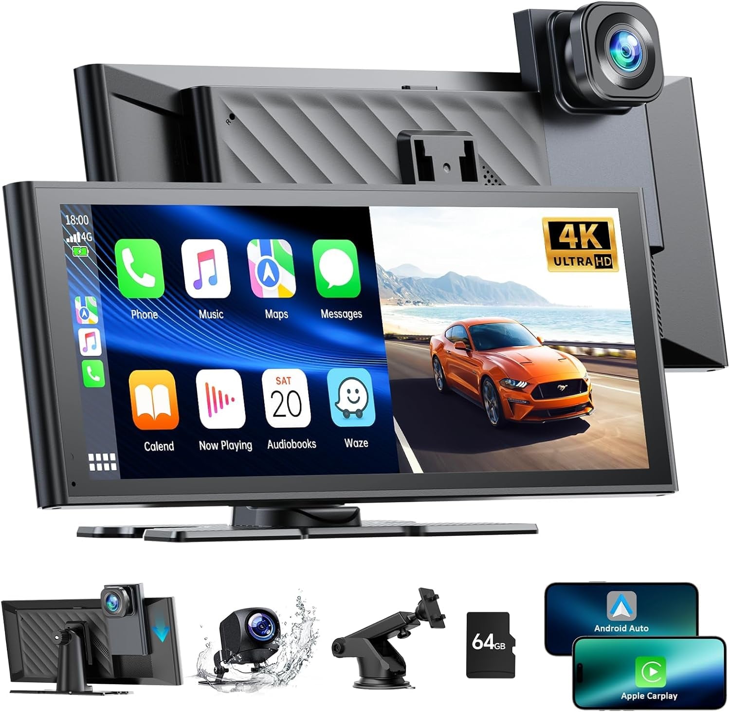 Wireless Carplay and Android Auto with 4K Dash Cam,9.26 Inch Protable Carplay Screen for Car,1080P Backup Camera, Digital Media Receivers with Voice Control,Bluetooth,G-Sensor,Gps,Mirror Link