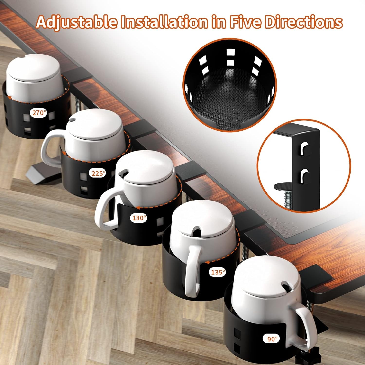 Upgraded Large Desk Cup Holder Clamp,  Anti-Spill Table Cup Holder, Metal Office & PC Gaming Desk Accessories, Compatible with Universal Cup, Bottles, Pencil Holder (Black)