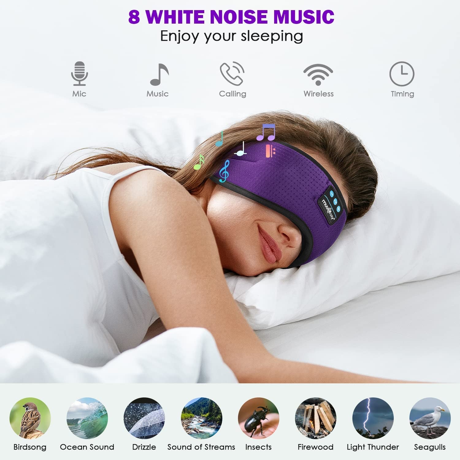 White Noise Bluetooth Sleep Mask with 8 Soothing Sounds & 3D Wireless Sleep Headphones, Bluetooth Sleeping Headphones for Yoga Travel Office Relaxation, Tech Gadgets Gifts, Lavender Purple