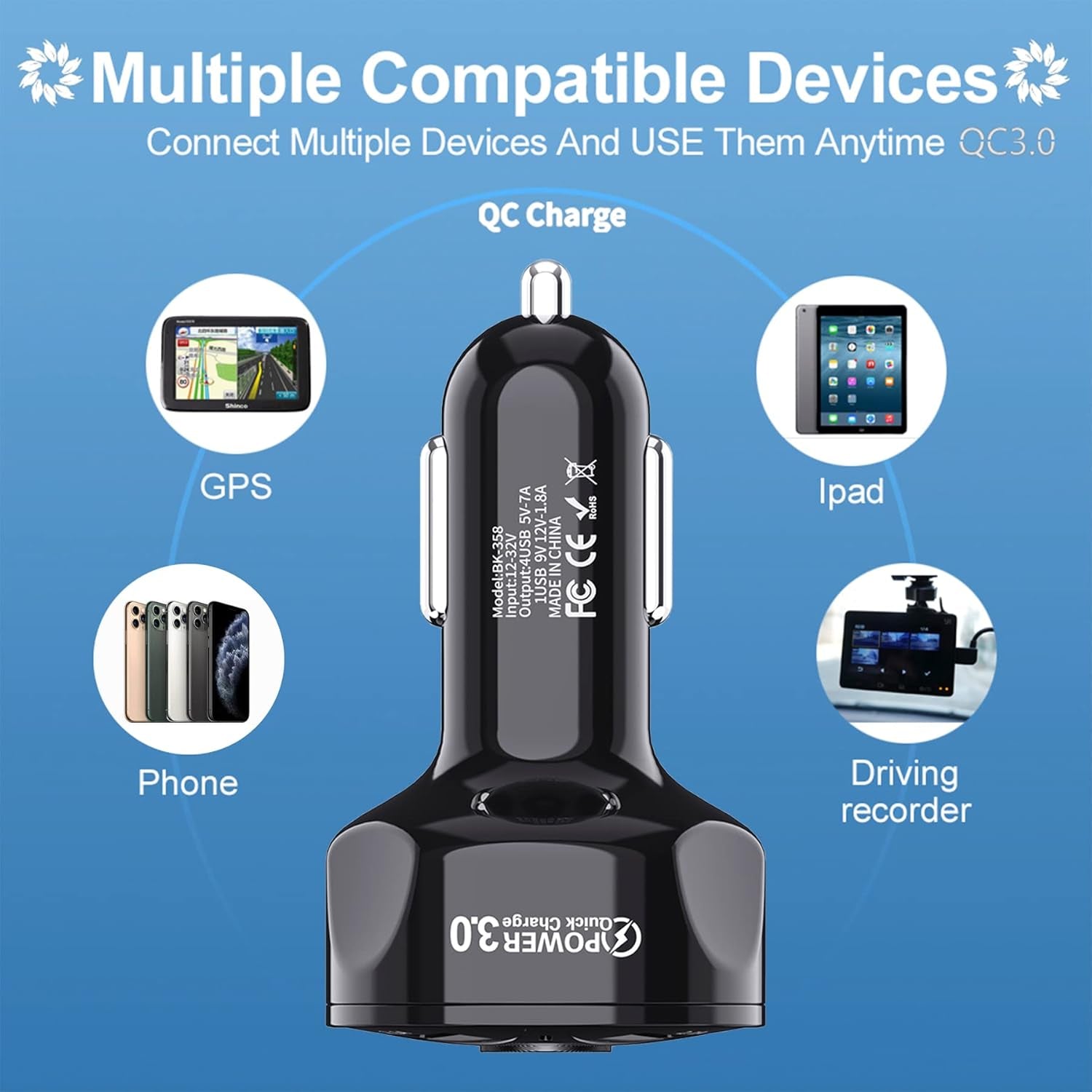 QC3.0 Car Charger Adapter, 4 Ports USB Car Charger, Fast Charging Electronic Devices with USB Interface, Car Interior Accessories, Compatible with Apple, Android - Black