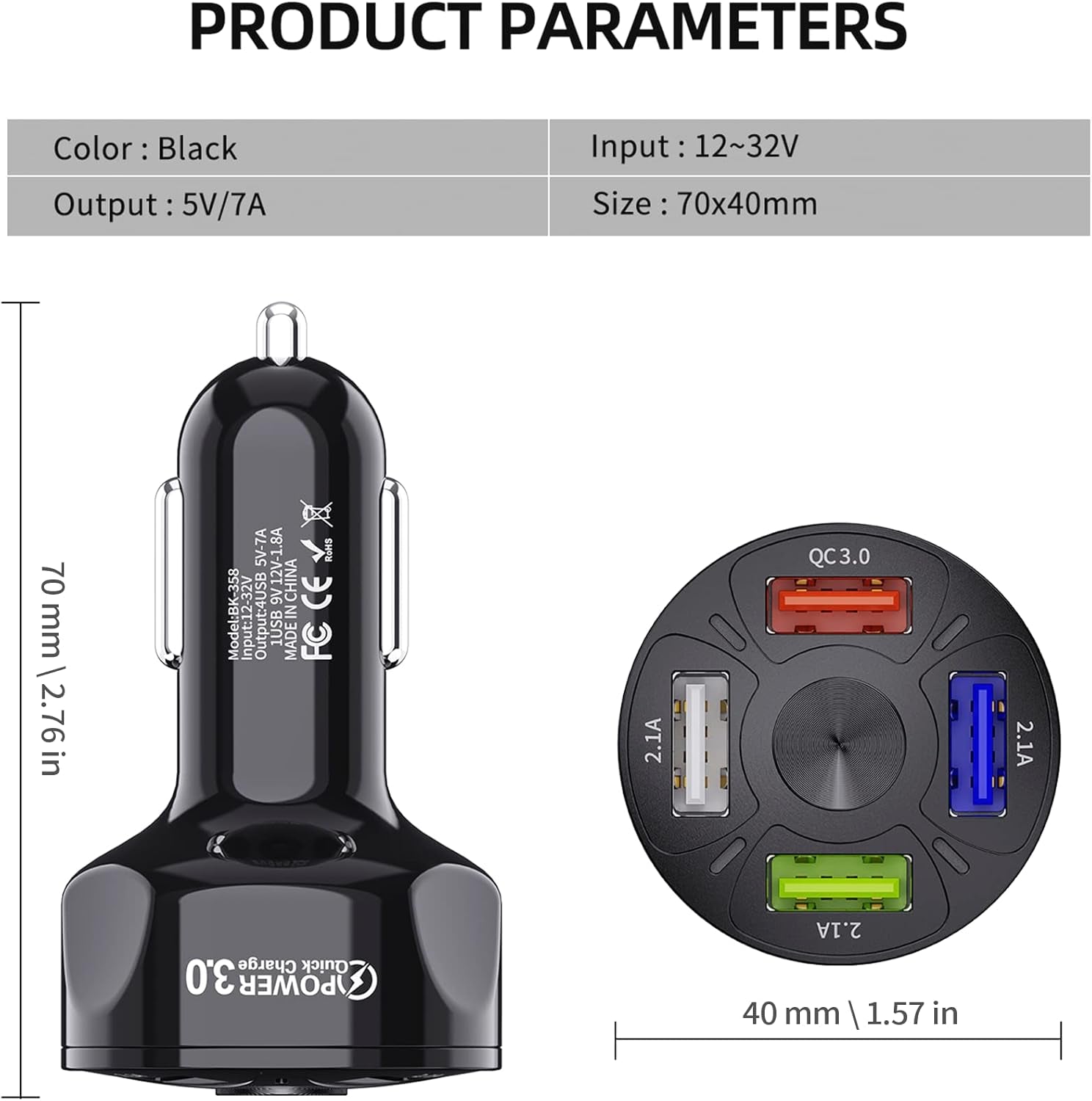 QC3.0 Car Charger Adapter, 4 Ports USB Car Charger, Fast Charging Electronic Devices with USB Interface, Car Interior Accessories, Compatible with Apple, Android - Black