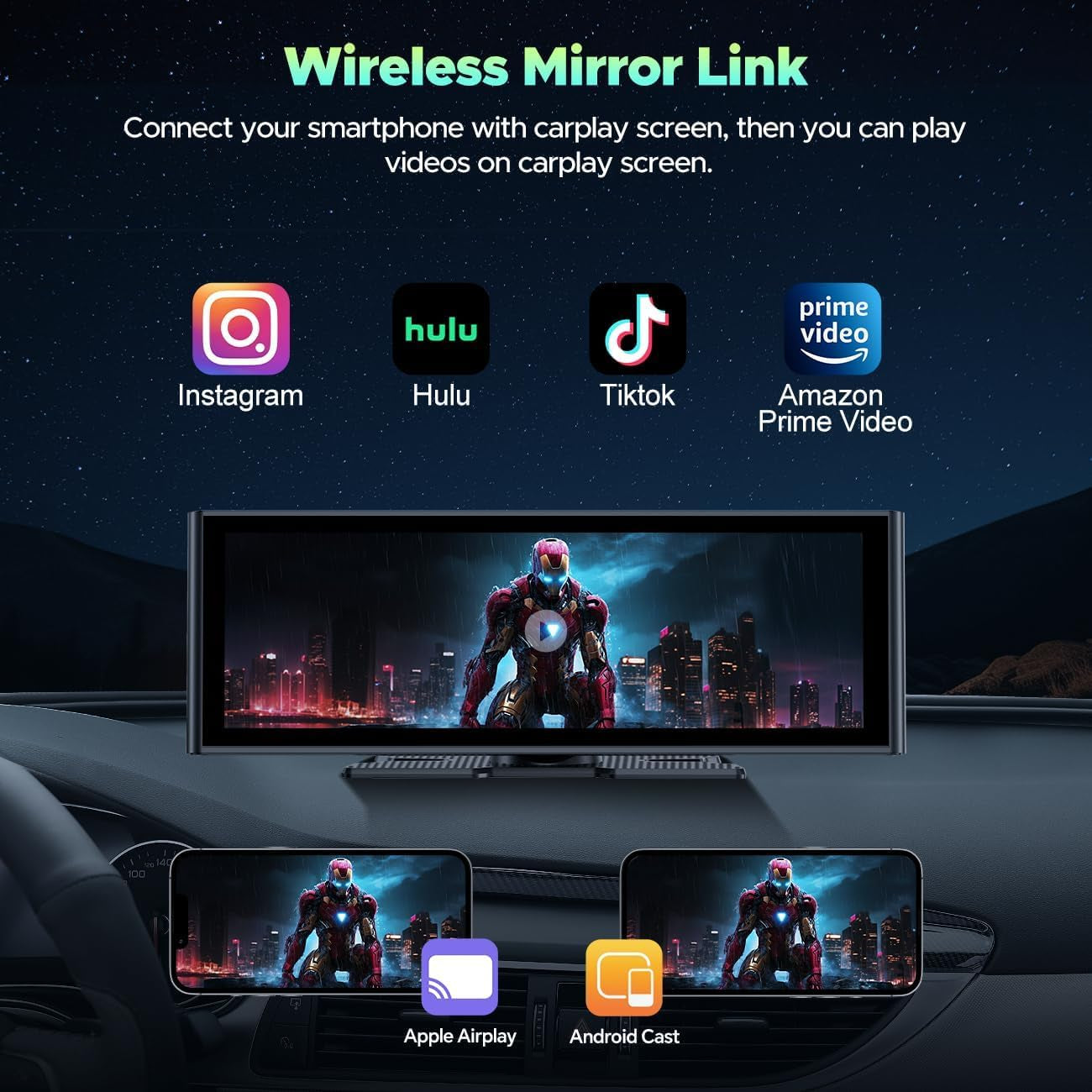 Wireless Carplay and Android Auto with 4K Dash Cam,9.26 Inch Protable Carplay Screen for Car,1080P Backup Camera, Digital Media Receivers with Voice Control,Bluetooth,G-Sensor,Gps,Mirror Link