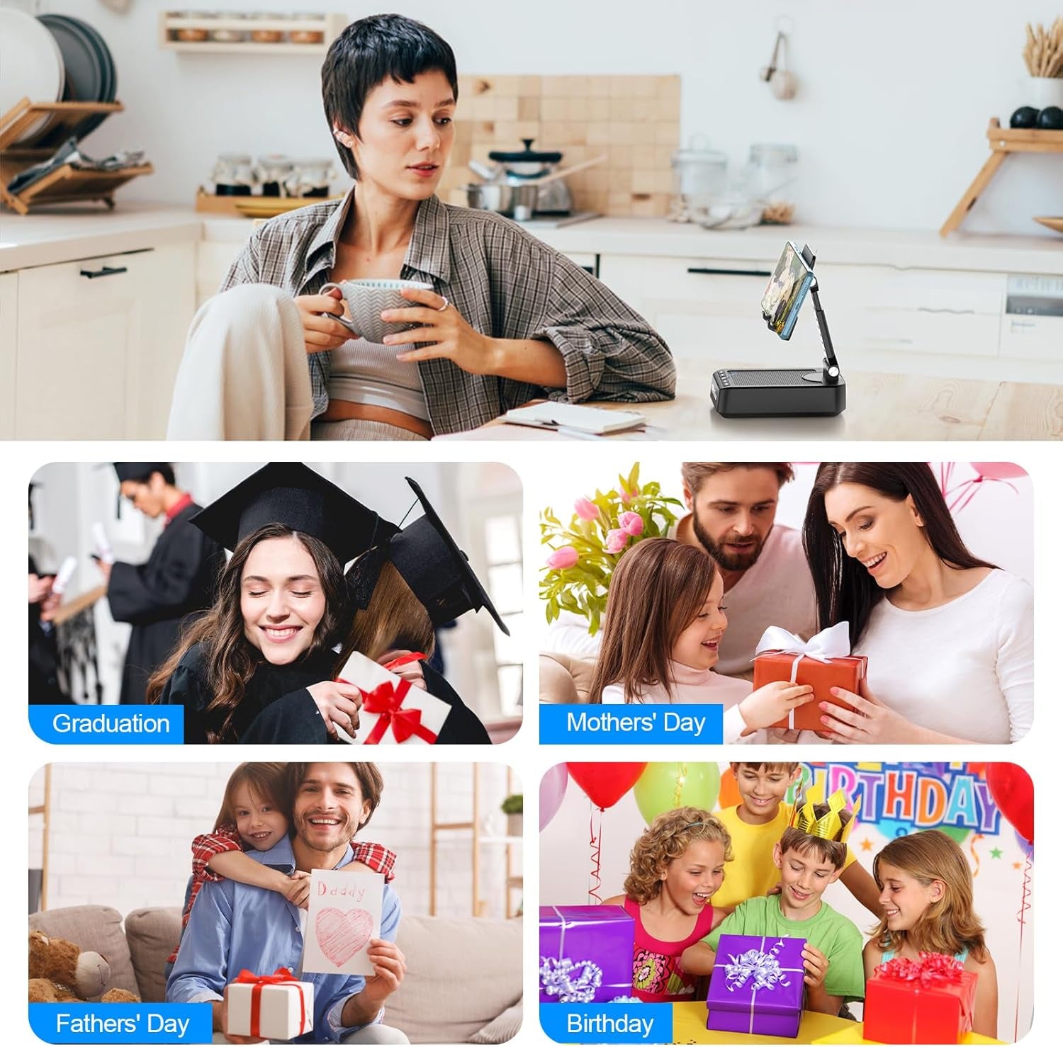 Gifts for Men Women Foldable Cellphone Stand with Bluetooth Speaker Power Bank 360° Rotatable Phone Stand Birthday Gift Idea for Mom Dad Cool Tech Gifts