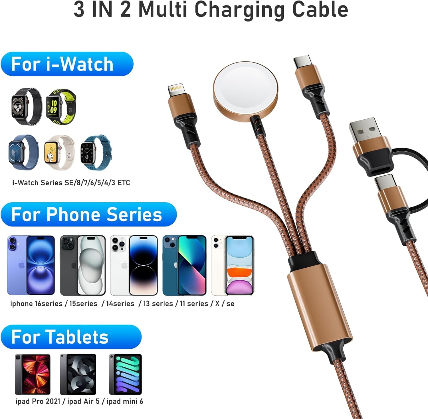 Multi 3 in 2 Charging Cable for Apple Watch Charger, Travel for Iphone Charger USB C Lightning Fast Charging Cable Compatible with Iwatch Ultra/Se/9/8/7/6/5/4/3/2/1 & Iphone 15/14/13/12/11/Galaxy S23