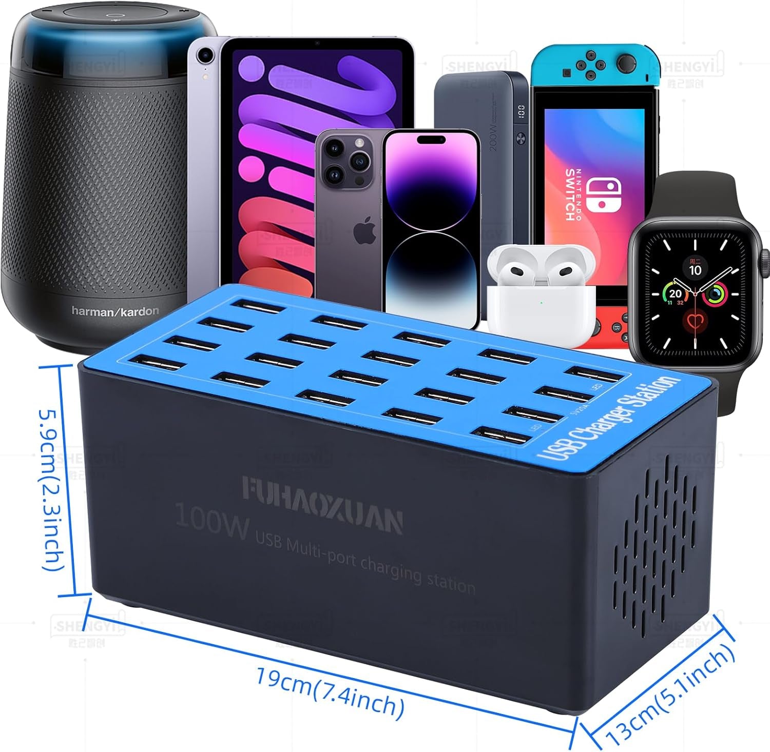 USB Charging Station,100W 20-Port Multi Device Charger with Intelligent Safety Features,Charging Station for Multiple Devices Phone,Watch,Pad,Speakers,Headphones,Ps Compact for Home,Office,Travel