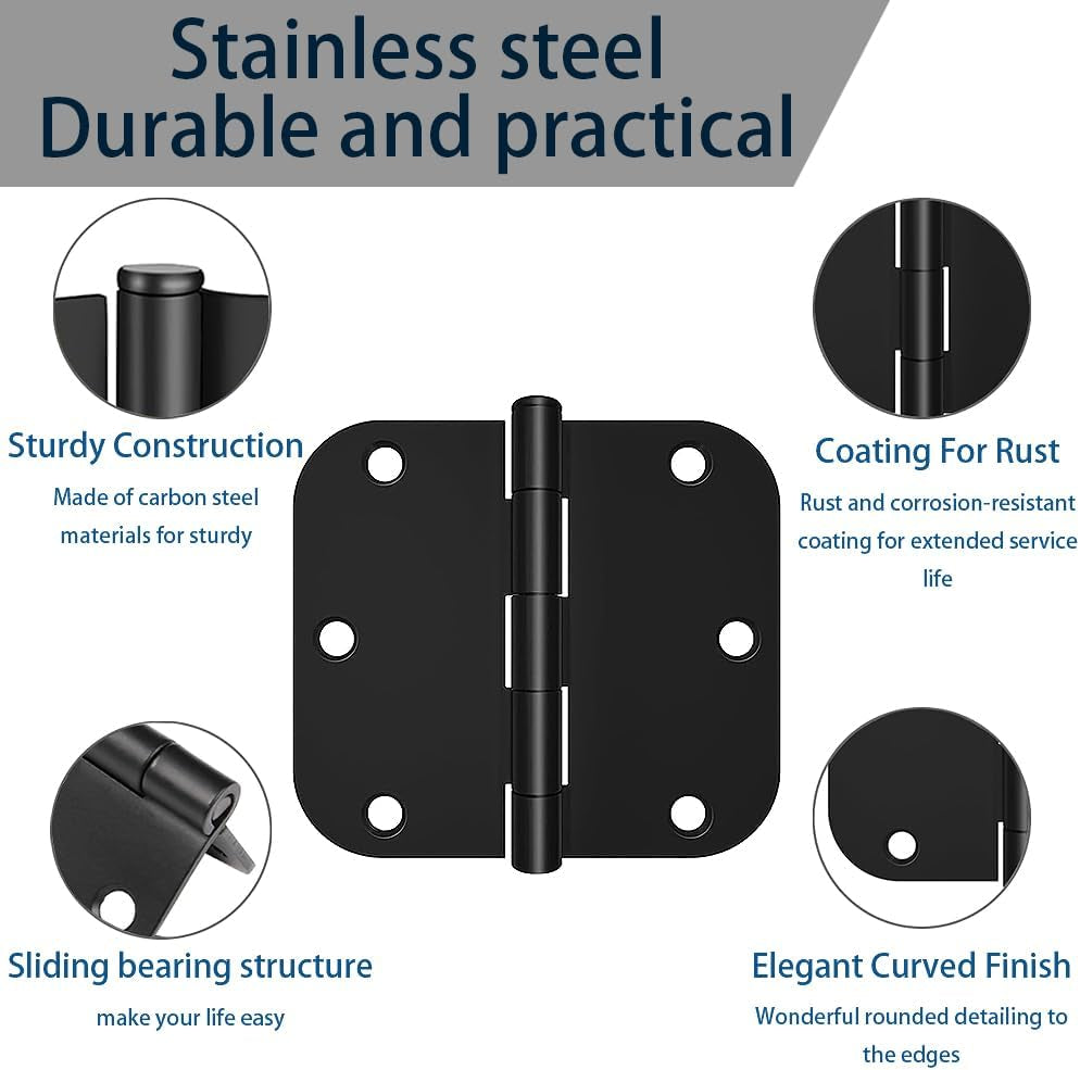 6Pcs Matte Black Door Hinges 3.5 X 3.5 Inch,Interior 3 1/2 Inch Door Hinges,5/8" Radius Corners Flat Iron Hinge,Hardware Controls(Black)