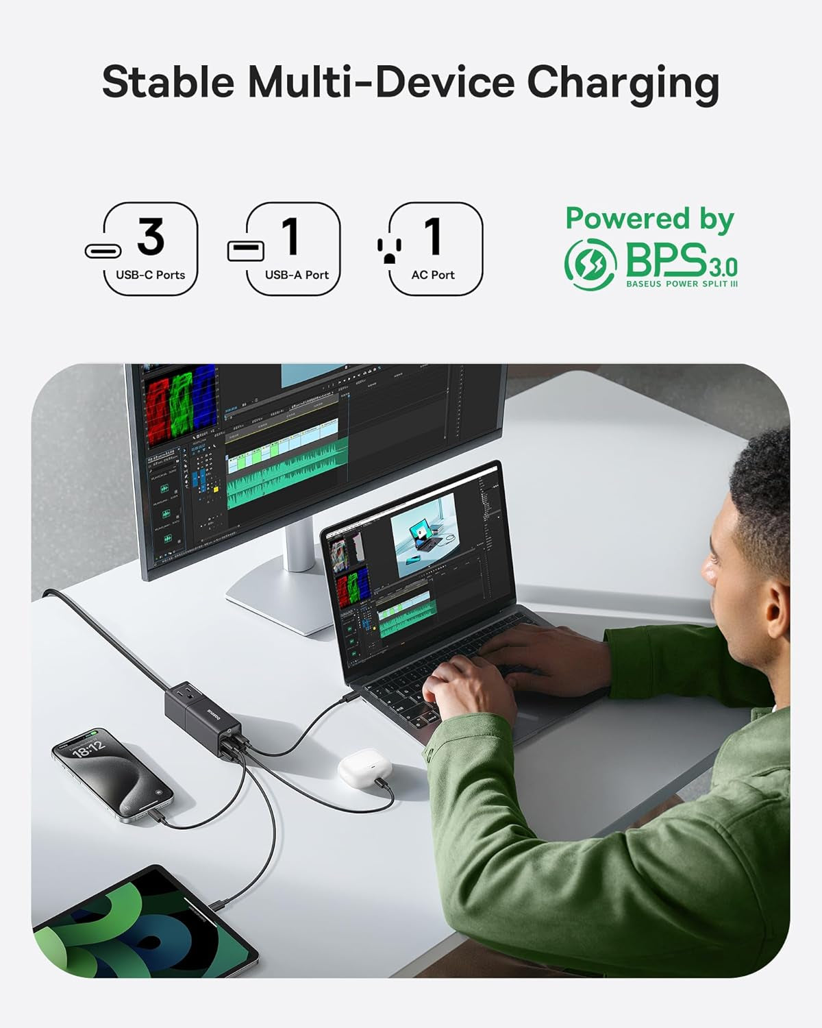 Charging Station 67W, 5 in 1 Detachable Travel Power Strip USB C Fast Charger, 5Ft Flat Extension Cord with 2 AC Outlets, Portable Charger for Macbook Pro, Iphone, Cruise Travel Essentials