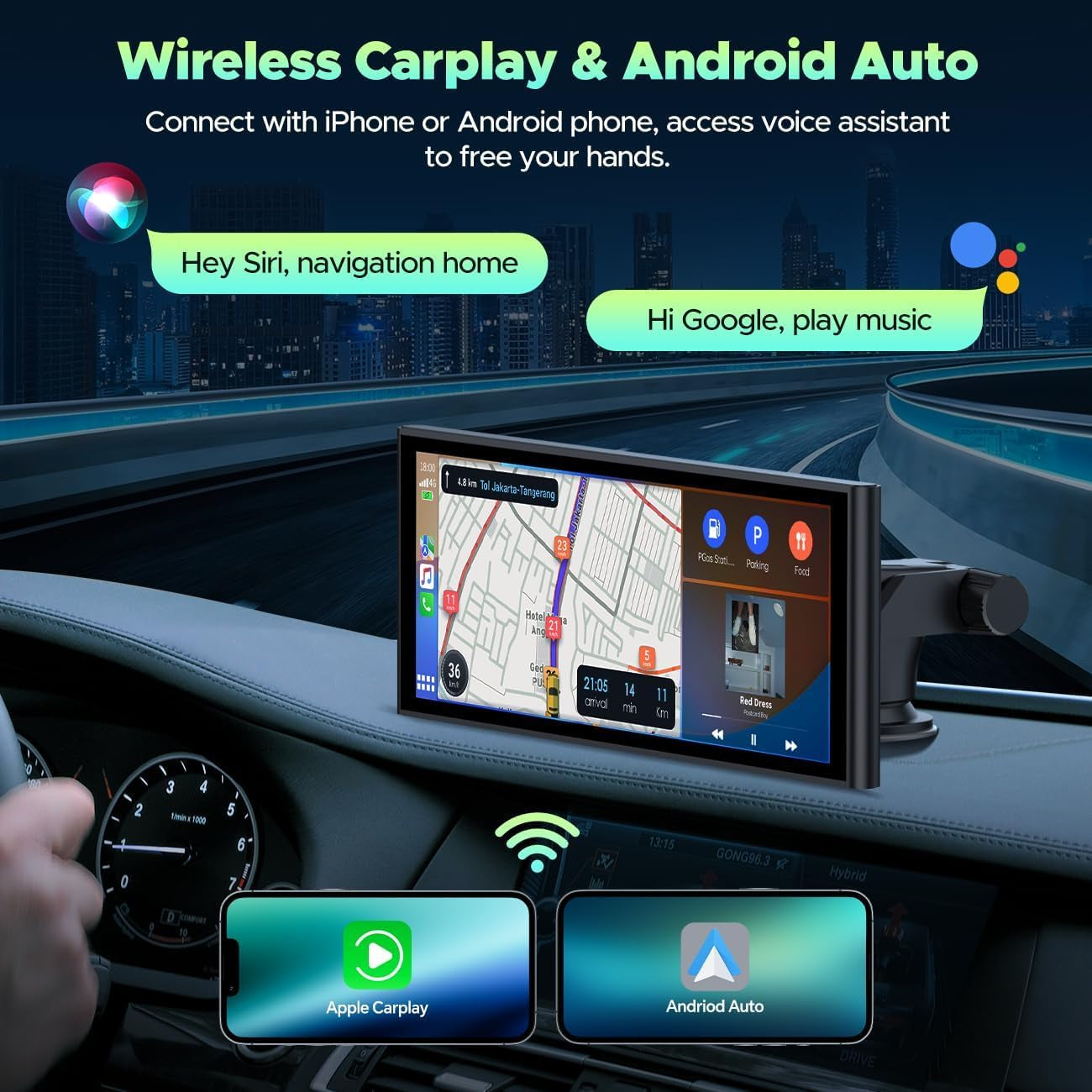 Wireless Carplay and Android Auto with 4K Dash Cam,9.26 Inch Protable Carplay Screen for Car,1080P Backup Camera, Digital Media Receivers with Voice Control,Bluetooth,G-Sensor,Gps,Mirror Link