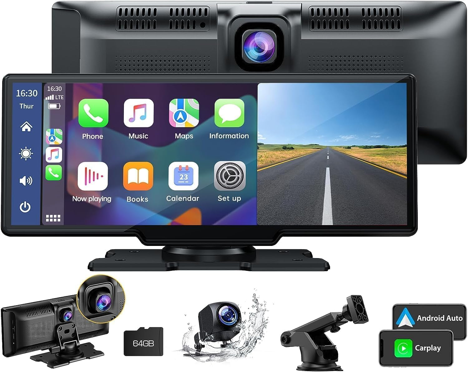 9.26" Wireless Carplay and Android Auto with 2.5K Dash Cam, 1080P Backup Camera, Portable Touchscreen GPS Navigation for Car, Car Stereo Receiver with Bluetooth,Airplay,Aux,Fm,Googel,Siri