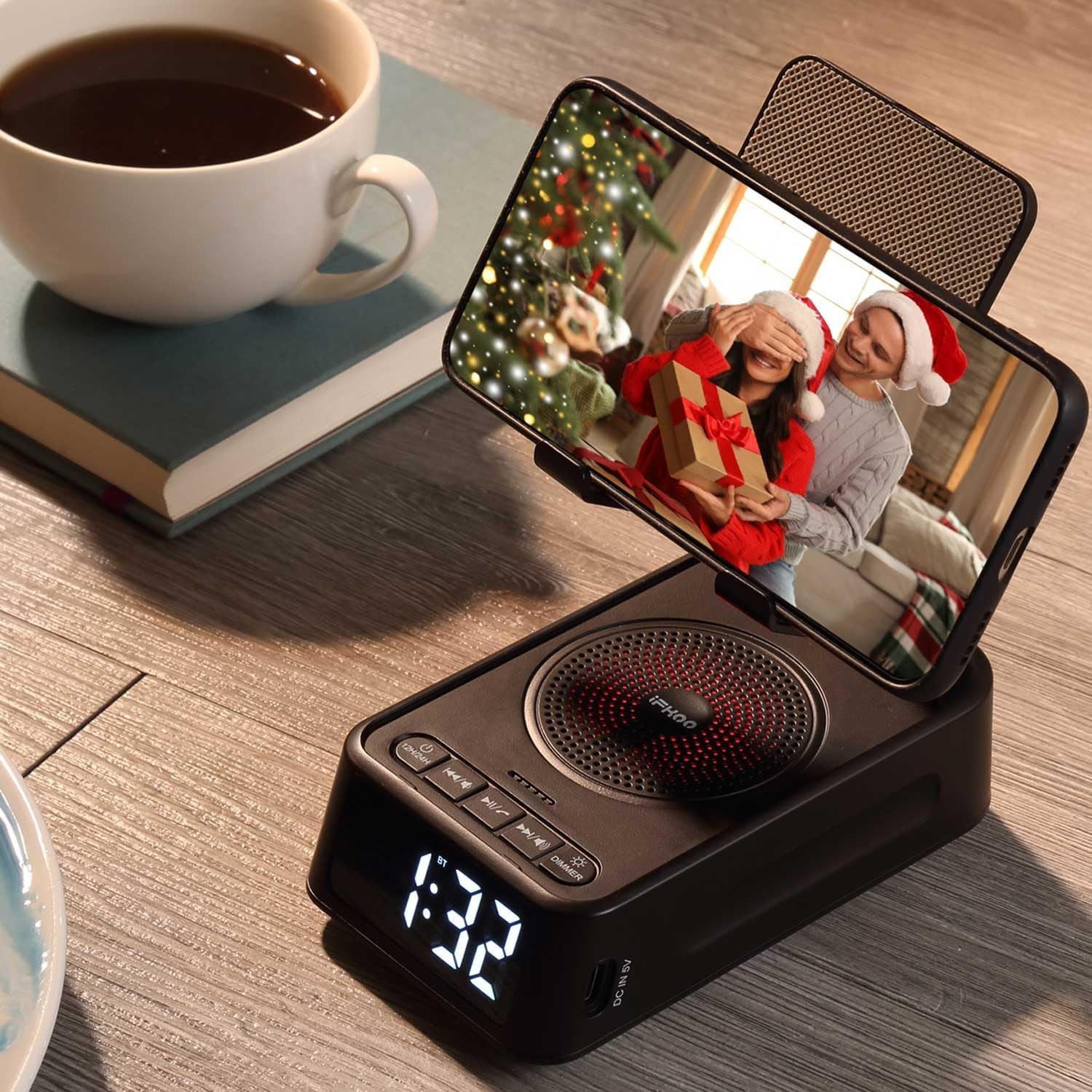 Gifts for Men Women,  Cell Phone Stand with Bluetooth Speaker and Clock, Birthday Gifts for Men Him, Phone Holder with Wireless Speaker, Dad Mom Husband Gifts, Cool Gadget for Men