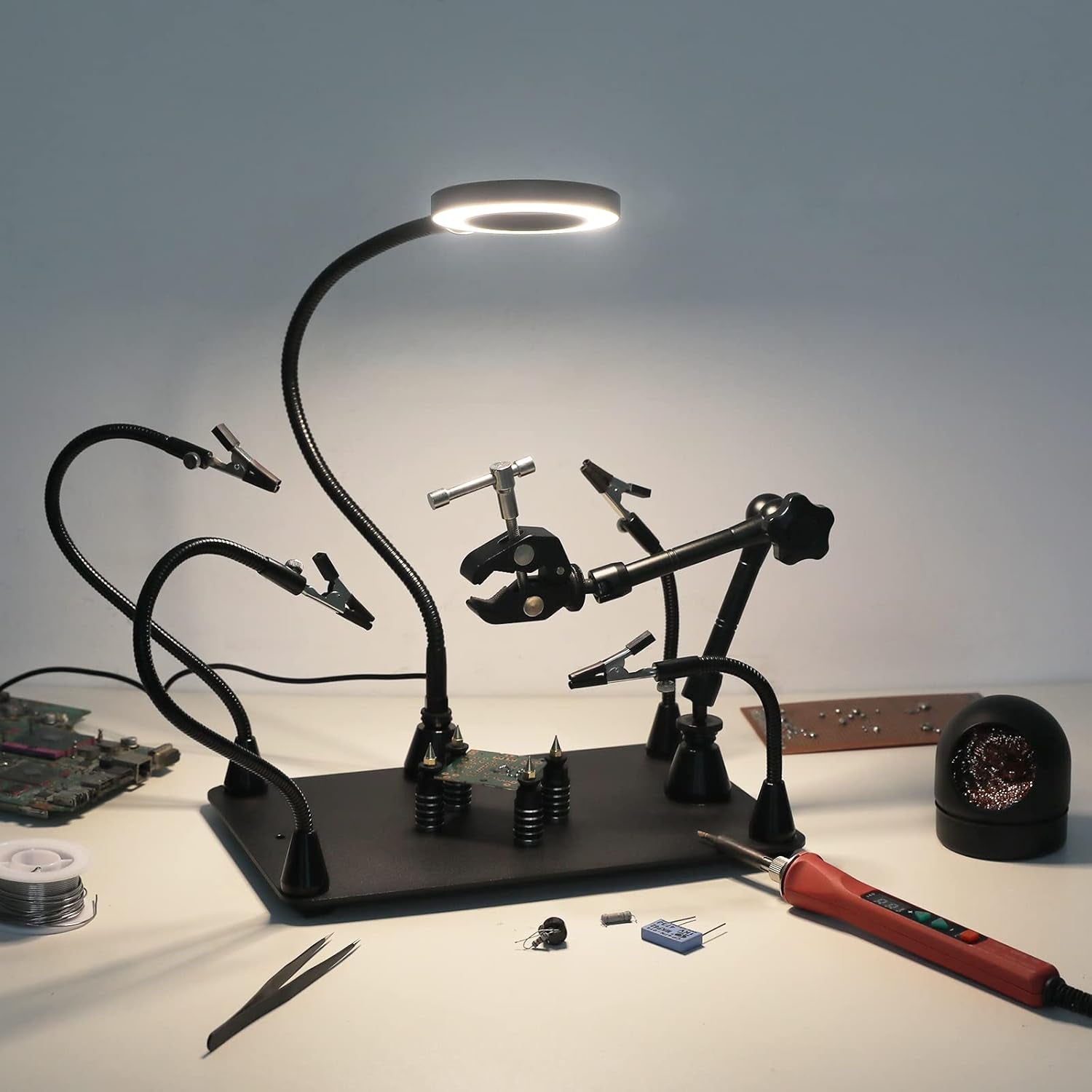 Helping Hands Soldering Circuit Board Holder Magnetic Third Hand Tools with 3X LED Magnifying Lamp, 360 Hot Air Gun Holder, Flexible Metal Arms Heavy Duty Base Electronic Repair Tool Magic Hand