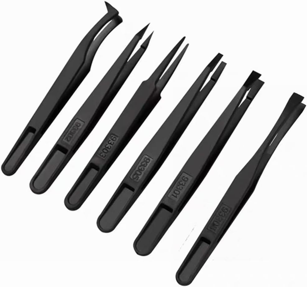 6Pcs Plastic Anti-Static Tweezers, Precision Slant Curved Flat Tip Tweezers for Jewelry Craft DIY Beauty Electronics Repair Tool Black