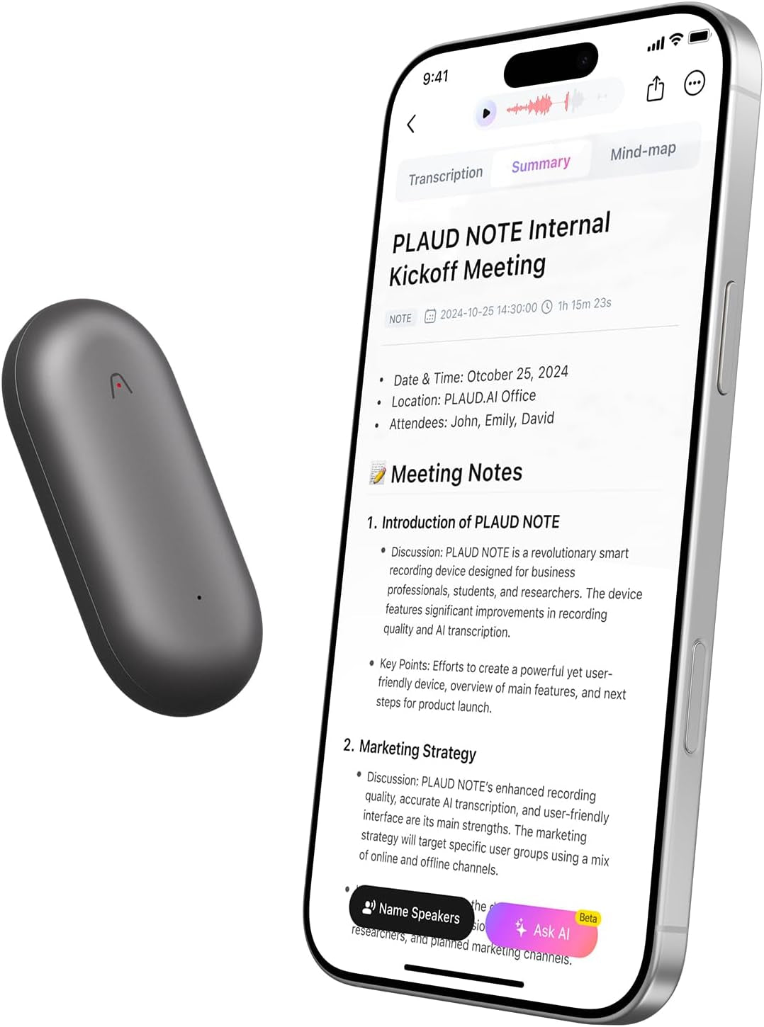 AI Voice Recorder,  Notepin Voice Recorder, App Control, AI Notetaker, AI Transcribe & Summarize Support 112 Languages, 64GB Memory, Audio Recorder for Lectures, Meetings, Gray