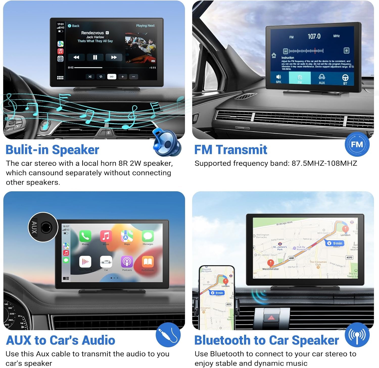 Wireless Apple Carplay Screen for Car 4K Dash Cam, 9" Portable Apple Carplay & Android Auto Car Stereo, with 1080P Backup Camera, GPS Navigation/Mirror Link/Voice Control/Bluetooth