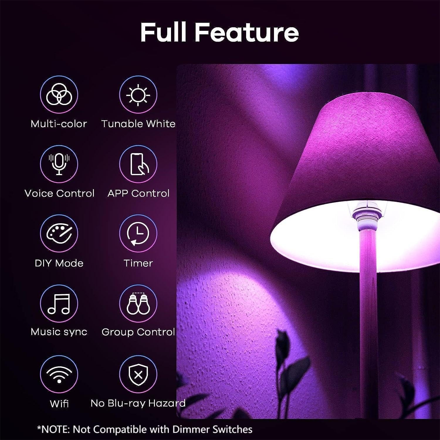 Matter Smart Light Bulb, Smart Bulbs Work with Apple Home/Siri/Alexa/Google Home/Smartthings, LED Color Changing Light Music Sync RGTBW, Smart Home, 60W 800LM A19 E26 2.4Ghz Wifi Only, 2 Pack