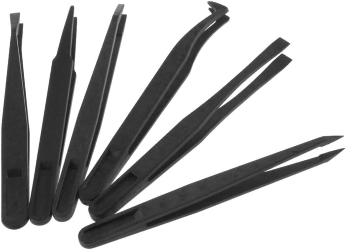 Precision Plastic Tweezers Kit - Plastic anti Static Tweezers Set Pickup Craft Electronics DIY Repair Tool - Black - 6Pcs