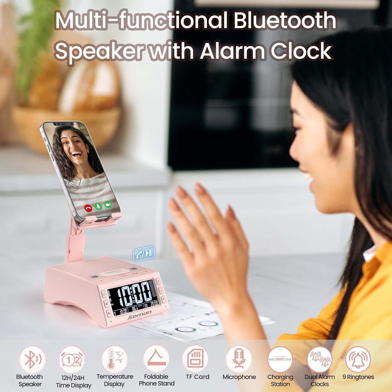 Gifts for Men Women,Cell Phone Stand with Wireless Bluetooth Speaker,Adjustable Cool Tech Kitchen Gadgets,Unique Birthday Gift Idea for Him, Husband, Boyfriend（Pink）